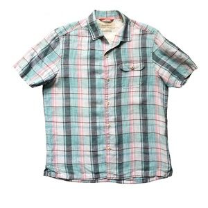 Tommy Bahama M pure linen plaid buttoned shirt collar pocket lightweight buttons